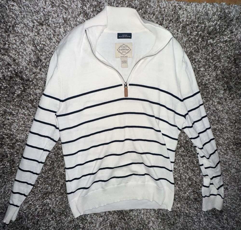 St John's Bay Men's Cream and Black Striped Super Soft Half Zip Pullover Sweater